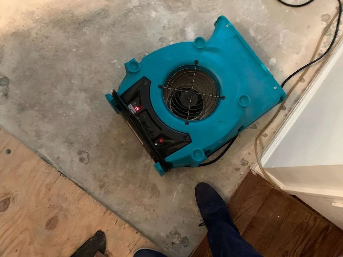 Air mover drying subfloor during Commercial Water Damage Restoration in Pico Rivera